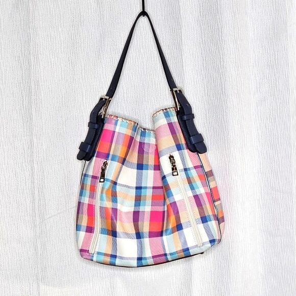 Jen & Co Vegan Leather Bright Pastel Plaid Tote Bag & Shoulder Bag 2 piece set - Picture 1 of 15